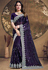 Embroidered Chinon Chiffon Scalloped Saree in Dark Purple
