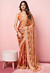 Embroidered Chinon Chiffon Scalloped Saree in Orange