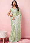 Embroidered Chinon Chiffon Scalloped Saree in Pastel Green