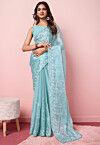 Embroidered Chinon Chiffon Scalloped Saree in Sky Blue