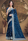 Embroidered Organza Scalloped Saree in Teal Blue