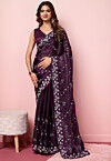 Embroidered Chinon Chiffon Scalloped Saree in Wine