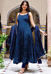 Embroidered Chinon Crepe Anarkali Suit in Royal Blue