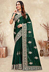 Embroidered Chinon Crepe Scalloped Saree in Dark Green