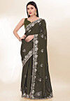 Embroidered Chinon Crepe Scalloped Saree in Olive Green