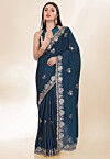 Embroidered Chinon Crepe Scalloped Saree in Teal Blue