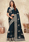 Embroidered Chinon Crepe Scalloped Saree in Teal Green