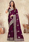 Embroidered Chinon Crepe Scalloped Saree in Wine