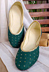 Embroidered Chinon Crepe Women Jutti in Dark Green
