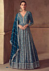 Embroidered Chinon Silk Abaya Style Suit in Teal Blue