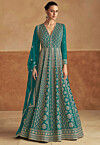Embroidered Chinon Silk Abaya Style Suit in Teal Green