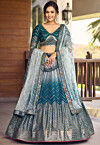 Embroidered Chinon Silk Lehenga in Grey and Teal Blue