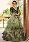 Embroidered Chinon Silk Lehenga in Olive Green