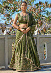 Embroidered Chinon Silk Lehenga in Olive Green