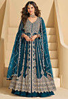 Embroidered Chinon Silk Lehenga in Teal Blue