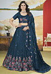 Embroidered Chinon Silk Lehenga in Teal Blue