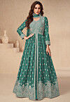 Embroidered Chinon Silk Lehenga in Teal Green
