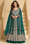 Embroidered Chinon Silk Lehenga in Teal Green