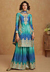 Embroidered Chinon Silk Pakistani Suit in Blue and Sea Green