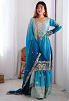 Embroidered Chinon Silk Pakistani Suit in Blue Ombre