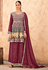 Embroidered Chinon Silk Pakistani Suit in Maroon