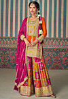 Embroidered Chinon Silk Pakistani Suit in Orange and Fuchsia