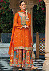 Embroidered Chinon Silk Pakistani Suit in Orange