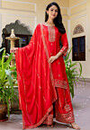 Embroidered Chinon Silk Pakistani Suit in Red