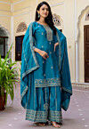 Embroidered Chinon Silk Pakistani Suit in Teal Blue