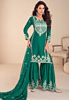 Embroidered Chinon Silk Pakistani Suit in Teal Green