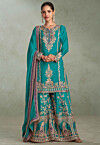 Embroidered Chinon Silk Pakistani Suit in Turquoise