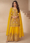 Embroidered Chinon Silk Scalloped Pakistani Suit in Mustard