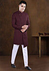 Embroidered Collar Terry Rayon Asymmetric Sherwani in Maroon