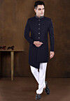 Embroidered Collar Terry Rayon Asymmetric Sherwani in Navy Blue