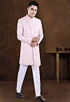 Embroidered Collar Terry Rayon Asymmetric Sherwani in Pink