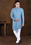 Embroidered Collar Terry Rayon Asymmetric Sherwani in Sky Blue