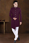 Embroidered Collar Terry Rayon Asymmetric Sherwani in Wine