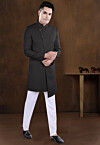 Embroidered Collar Terry Rayon Sherwani in Black