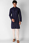 Embroidered Cotton Kurta in Navy Blue