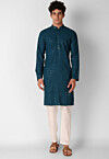 Embroidered Cotton Kurta in Teal Green