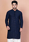 Embroidered Cotton Kurta in Navy Blue