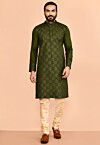 Embroidered Cotton Kurta Set in Olive Green