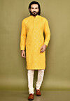 Embroidered Cotton Kurta Set in Yellow