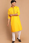 Embroidered Cotton Kurta Set in Yellow