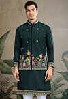 Embroidered Cotton Kurta with Jacket in Dark Green