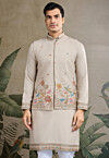 Embroidered Cotton Kurta with Jacket in Light Beige
