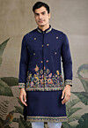 Embroidered Cotton Kurta with Jacket in Navy Blue
