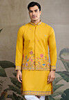 Embroidered Cotton Kurta with Jacket in Yellow