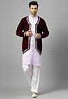 Embroidered Cotton Linen Kurta Set in Light Purple