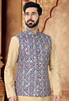 Embroidered Cotton Nehru Jacket in Blue
